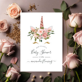 Roze Rood & Roze Goud Bloem Eenhoorn Baby Shower  Kaart