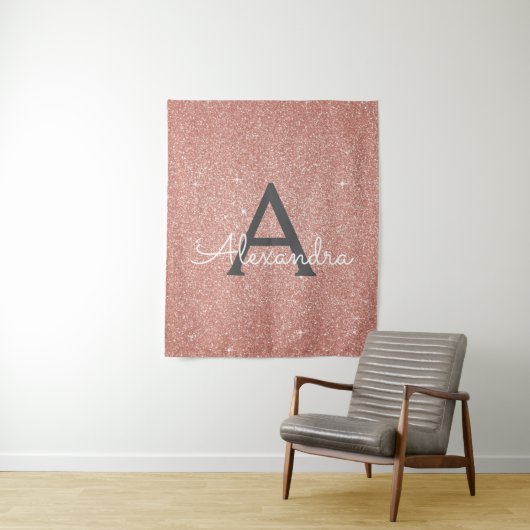 Roze Rood - Roze Goud Glitter Monogram Wandkleed (In situ)