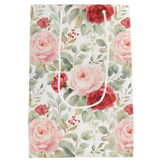 Roze Rood Rozen Bloemige Bruiloftsdouche Medium Cadeauzakje (Achterkant)