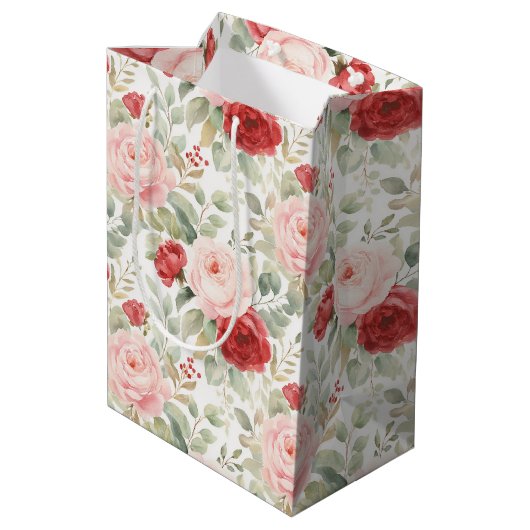 Roze Rood Rozen Bloemige Bruiloftsdouche Medium Cadeauzakje (Achterkant Gekanteld)