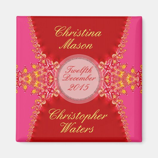 Roze Rood Satijn+Lace Trouwgunst Magnet (Voorkant)