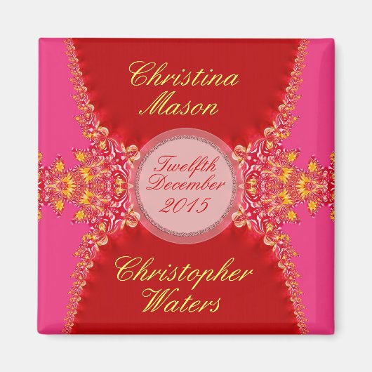 Roze Rood Satijn+Lace Trouwgunsten Magneet (Voorkant)