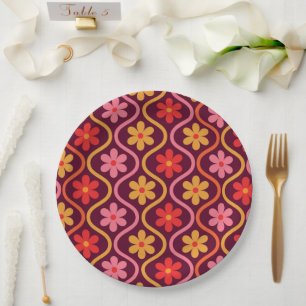 roze rood sinaasappel Bloemen op Ogee Pattern Papieren Bordje