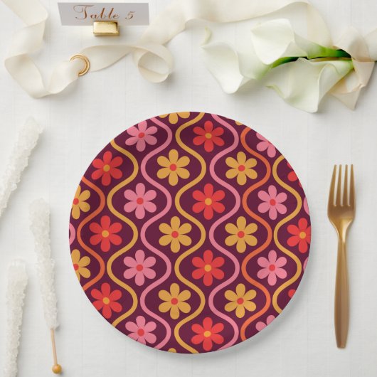 roze rood sinaasappel Bloemen op Ogee Pattern Papieren Bordje (Huwelijk)