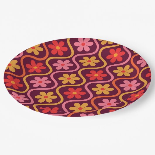 roze rood sinaasappel Bloemen op  Ogee Pattern Papieren Bordje (Gekanteld)