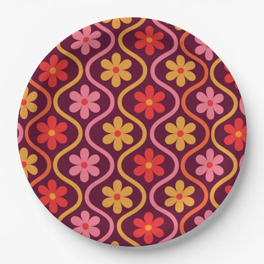 roze rood sinaasappel Bloemen op Ogee Pattern Papieren Bordje (Voorkant)