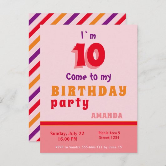 Roze Rood Sinaasappel Girly Verjaardagsfeestje Uit Uitnodiging Briefkaart (Voorkant / Achterkant)