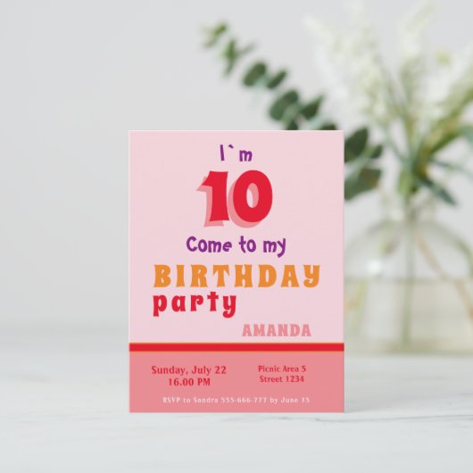 Roze Rood Sinaasappel Girly Verjaardagsfeestje Uit Uitnodiging Briefkaart (Staand voorkant)