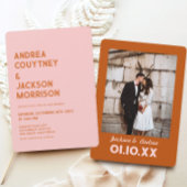 Roze Rood Sinaasappel Groovy Retro 70s Bruiloft Kaart