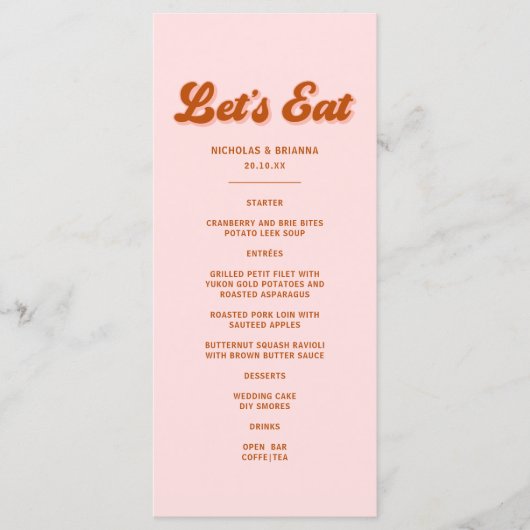 Roze Rood Sinaasappel Retro Groovy Disco Bruiloft Menu (Voorkant)