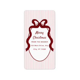 Roze Rood Strepen & Strik Frame Kerstmis  Etiket