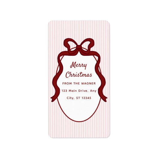 Roze Rood Strepen & Strik Frame Kerstmis Etiket (Voorkant)