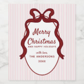 Roze Rood Strepen & Strik Frame Kerstmis Wijn Etiket (Enkel label)