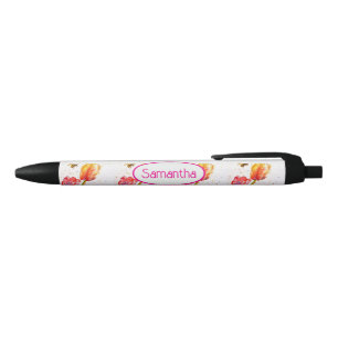 Roze Rood Tulp Aquarel en Bij Meisjesnaam Zwarte Inkt Pen