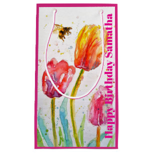 Roze Rood Tulp Bloem Watercolor Vrouw BIrthday Klein Cadeauzakje