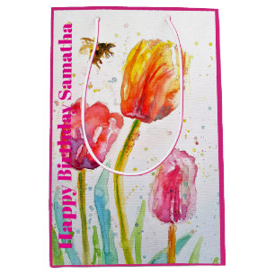 Roze Rood Tulp Bloem Watercolor Vrouw BIrthday Medium Cadeauzakje