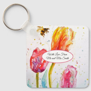 Roze Rood Tulp en Bij Aquarel Schildering Bruiloft Sleutelhanger