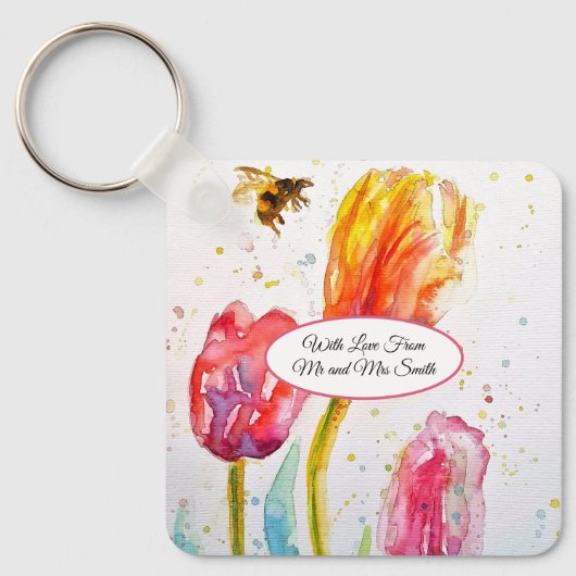 Roze Rood Tulp en Bij Aquarel Schildering Bruiloft Sleutelhanger (Voorkant)