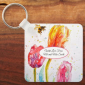 Roze Rood Tulp en Bij Aquarel Schildering Bruiloft Sleutelhanger (Voorkant)