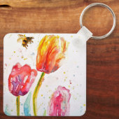 Roze Rood Tulp en Bij Aquarel Schildering Bruiloft Sleutelhanger (Achterkant)