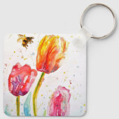Roze Rood Tulp en Bij Aquarel Schildering Bruiloft Sleutelhanger (Achterkant)