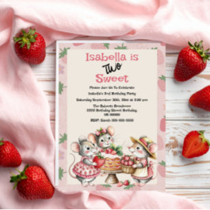Roze Rood Twee Zoete Aardbei 2e Verjaardagsfeest Kaart