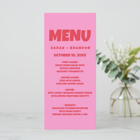 Roze Rood Vet Retro Bruiloft Menu (Staand voorkant)