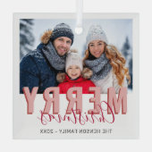 Roze Rood Vrolijk Kerstscript Familiefoto Glas Ornament (Achterkant)