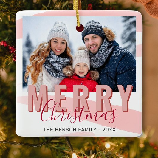 Roze Rood Vrolijk Kerstscript Familiefoto Keramisch Ornament