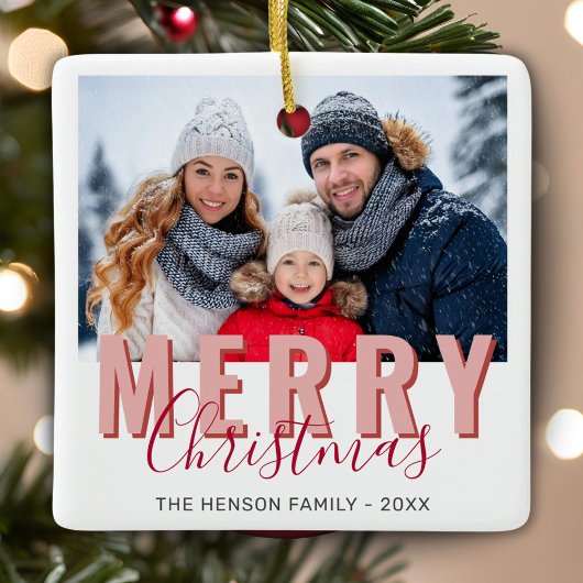 Roze Rood Vrolijk Kerstscript Familiefoto Keramisch Ornament
