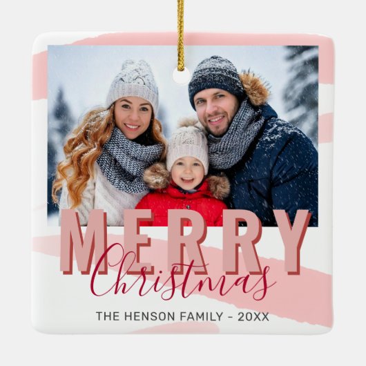 Roze Rood Vrolijk Kerstscript Familiefoto Keramisch Ornament (Achterkant)
