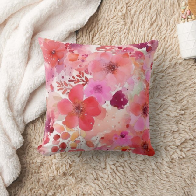 Roze Rood Waterverf Bloem Kussen (Deken)