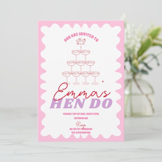 Roze Rood Wavy Bachelorette Party Hen Routebeschri Kaart (Staand voorkant)