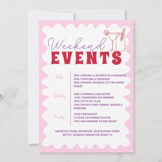 Roze Rood Wavy Bachelorette Party Hen Routebeschri Kaart (Achterkant)