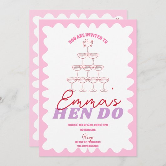 Roze Rood Wavy Bachelorette Party Hen Routebeschri Kaart (Voorkant / Achterkant)