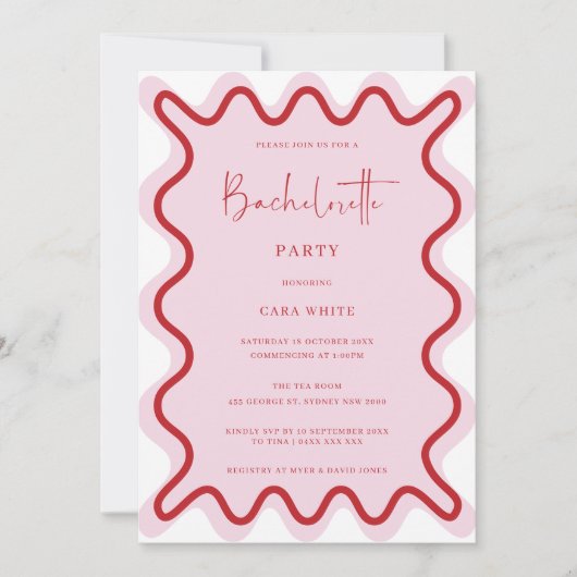 Roze Rood Wavy Border Bachelorette Party Kaart (Voorkant)