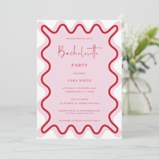 Roze Rood Wavy Border Bachelorette Party Kaart (Staand voorkant)