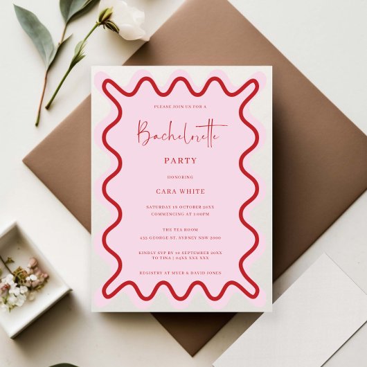 Roze Rood Wavy Border Bachelorette Party Kaart