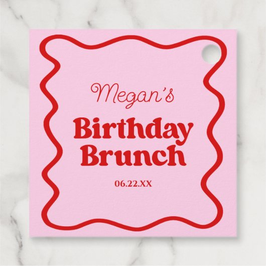 Roze Rood Wavy Border Verjaardag Brunch Party Bedankjes Labels (Achterkant)