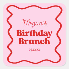 Roze Rood Wavy Border Verjaardag Brunch Party Vierkante Sticker