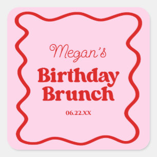 Roze Rood Wavy Border Verjaardag Brunch Party Vierkante Sticker