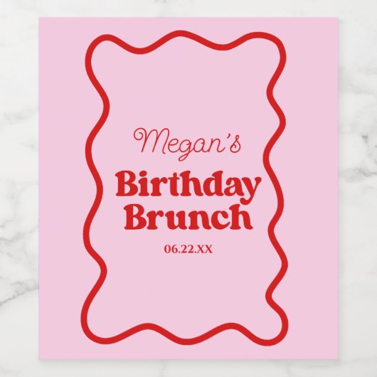 Roze Rood Wavy Border Verjaardag Brunch Party Wijn Etiket (Enkel label)