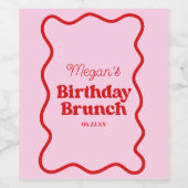 Roze Rood Wavy Border Verjaardag Brunch Party Wijn Etiket (Enkel label)