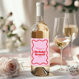 Roze Rood Wavy Border Verjaardag Brunch Party Wijn Etiket