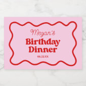 Roze Rood Wavy Border Verjaardag Dinner Party Sparkling Wijnetiket (Enkel label)