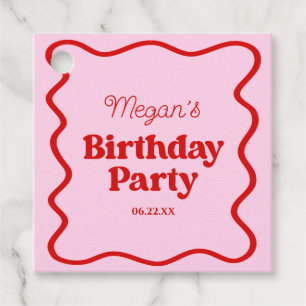 Roze Rood Wavy Border Verjaardagsfeest Bedankjes Labels