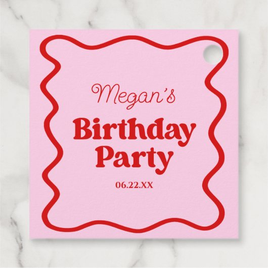 Roze Rood Wavy Border Verjaardagsfeest Bedankjes Labels (Achterkant)