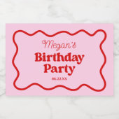 Roze Rood Wavy Border Verjaardagsfeest Sparkling Wijnetiket (Enkel label)