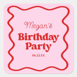 Roze Rood Wavy Border Verjaardagsfeest Vierkante Sticker