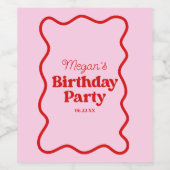 Roze Rood Wavy Border Verjaardagsfeest Wijn Etiket (Enkel label)